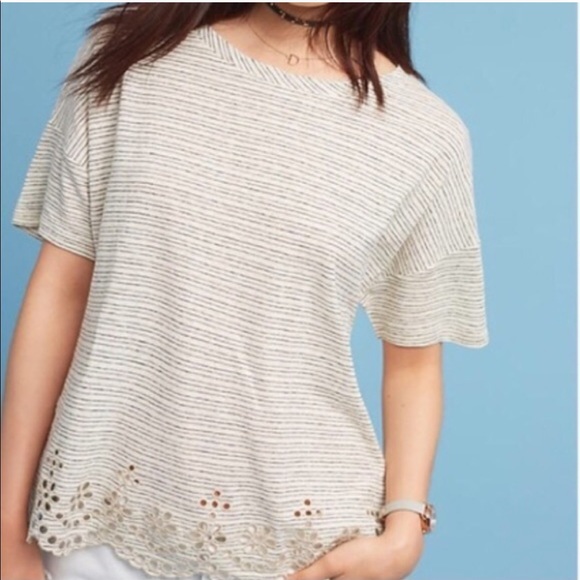 Anthropologie Tops - Anthropology Postmark Linen Striped Eyelet Tee